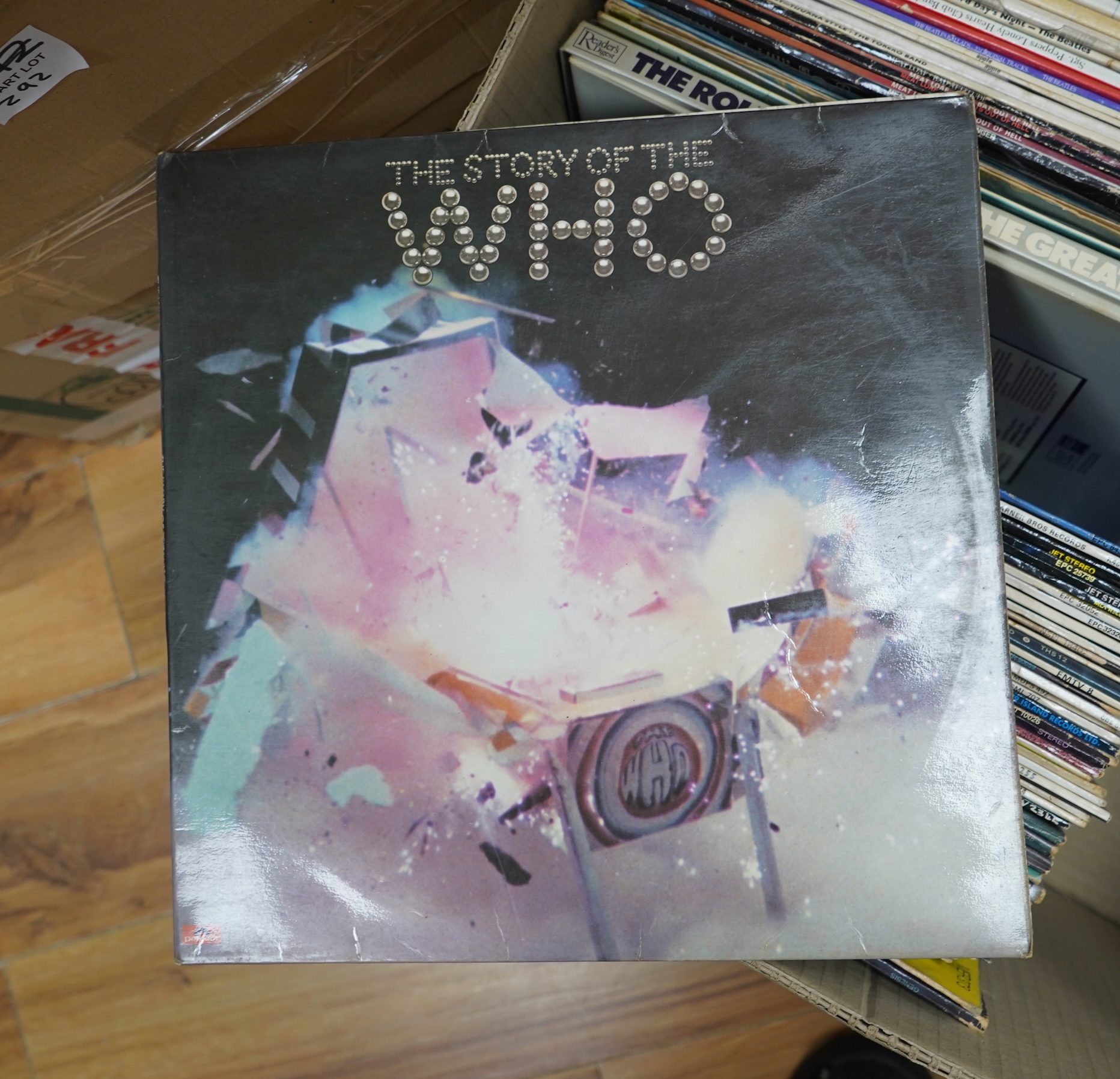 Sixty-two LP record albums, artists include; Pink Floyd, The Wall (early pressing with sticker), four Beatles albums and other Beatles related albums, Meat Loaf, The Rolling Stones, The Who, Ozzy Osbourne, Alice Cooper,